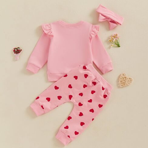 Toddler Baby Girl Valentines Day Clothes Letter Heart Print Long Sleeve Sweatshirt Pants Headband 3 Piece Outfit Set in Kuwait