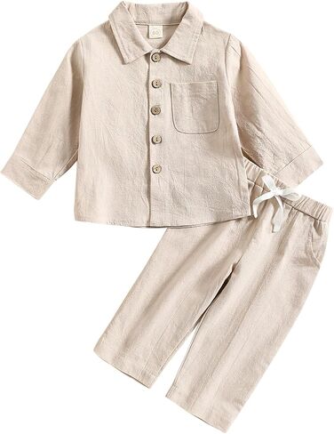 ACESTAR Toddler Baby Boys 2 Pieces Cotton Linen Set Long Sleeve Button Down Shirt Casual Pants Sets Spring Fall Outfits in Saudi Arabia