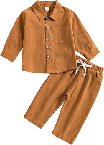 ACESTAR Toddler Baby Boys 2 Pieces Cotton Linen Set Long Sleeve Button Down Shirt Casual Pants Sets Spring Fall Outfits in Saudi Arabia