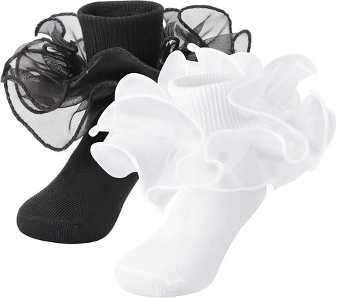 DRESHOW BQUBO Girls Ruffle Socks Double Lace Frilly Dress Socks Turn Cuff Socks Lace Trim for Infant & Toddler & Kids in Saudi Arabia
