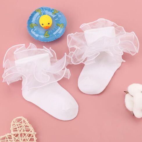 DRESHOW BQUBO Girls Ruffle Socks Double Lace Frilly Dress Socks Turn Cuff Socks Lace Trim for Infant & Toddler & Kids in Saudi Arabia