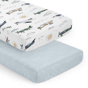 Sweet Jojo Designs Vintage Airplane Boy Baby Fitted Crib Sheet Set Infant Newborn Nursery Toddler Bed Room Standard Mattress 2pc Slate Blue Clouds and Blue White Yellow Airplanes Plane Transportation