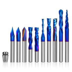 10PCS CNC Router Bits Set 1/4 inch Shank, Carbide Multiple Uses Router Bit for Woodworking Detail Carving Trimming V Groove Engraving Slotting Mortise, Bonus 1/4" ER11 High Precision Collet