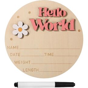 Wooden Baby Announcement Sign, 5.91in Hello World Sign Newborn Name Plate Newborn Birth Announcement Sign Baby Announcement Plaque for Photo Props Baby Shower(Cherry Blossom Red)