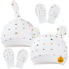 2 Sets Newborn Baby hat and Mittens,Baby Caps and Baby Scratch Mittens Gloves, Baby Beanie hat and Mittens for Baby Girls Boys (0-6 Months)