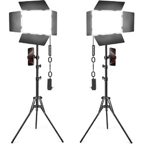 2 Pack LED Video Light Kit with Barn Door, Photography Light Panel with Stand, 3000Lux 2500K-8500K Dimmable Studio Light for Video Recording/Filming/Photoshoot Shooting/Live Streaming/YouTube