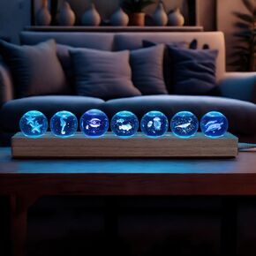 7 Pcs Planet Crystal Ball Night Light Lamp with LED Wooden Base, 3D Galaxy Moon Saturn Crystal Ball Nightlight for Meditation Positive Energy Decoration Balls Set for Home for Birthday Gifts
