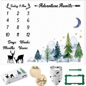 Baby Monthly Milestone Blanket for Boy Girl, Deer Woodland Gender Neutral Baby Blanket Baby Age Milestone Blanket Photography Background Prop with Bibs Wooden Signs Felt Circle