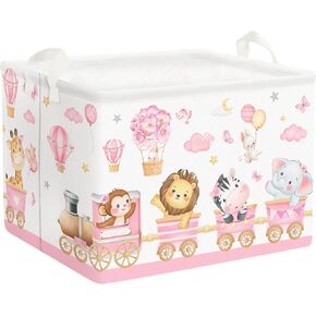 Clastyle Large Pink Train Animal Baby Girl Basket Collapsible Rectangle Flower Balloon Book Shelf Basket Monkey Lion Toy Clothes Storage Cube for Kid Room