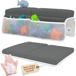 Comfortable Baby Bath Kneeler and Elbow Rest Pad Set with Pink Cloth Glove - Thick, Non-Slip, Memory Foam Kneeling Pad for Bathing Baby with Toy Storage Pockets - Easy Clean and Durable - Dark Grey