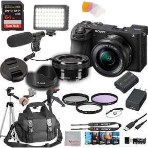 Sony a6700 Mirrorless Camera with 16-50mm Lens 64GB Extreme Speed Memory,Videl Microphone, LED Video Light, Case. Tripod, Filters, Hood, Grip, & Professional Video & Photo Editing Software Kit