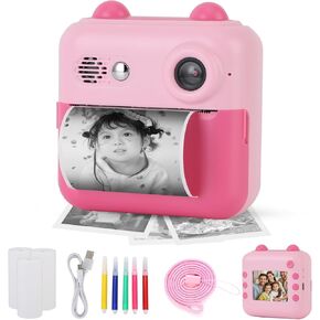 Kids Camera Instant Print, 24MP 1080P Kids Digital Cameras, with 2.4 Inch High Definition Screen, Christmas Birthday Gifts for 4 5 6 7 8 9 10 Year Old Girl Birthday Gift (Pink)