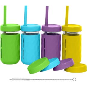 WeeSprout Glass Cups With Lids & Straws, Spill-Resistant Smoothie Jars for Toddlers & Kids, Baby Food Storage & Snack Containers, XL Silicone Straw, Easy-grip Sleeves, Set of Four, Dishwasher Safe