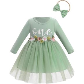 IBTOM CASTLE First Birthday Outfit Baby Girl Long Sleeve Embroidered Tutu Princess Dress and Headband Cake Smash Outfit