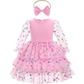Toddler Girls Valentine's Day Mesh Long Puff Sleeve Tiered Tulle Tutu Ruffle Dress and Headband Princess Party Dress