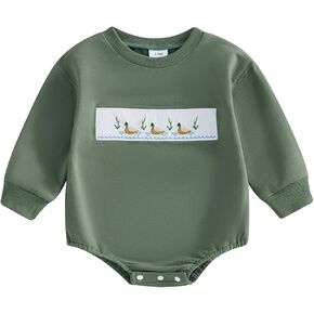 Newborn Infant Baby Boy Girl Hunting Clothes Mallard Duck Embroidery Oversized Sweatshirt Bubble Romper Bodysuit