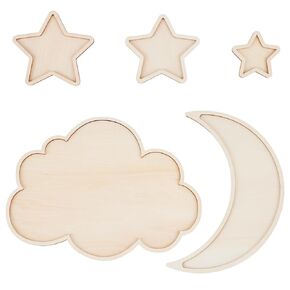 OLYCRAT 5pcs Sleeping Wooden Boho Nursery Decor Nursery Hang on Wall Sign Nursery Wall Decor Moon Stars and Cloud Celestial Nursery Decor for Painting Arts Home Decor Bedroom Wedding