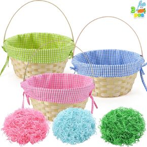 JOYIN 3 PCS Easter Baskets with Plaid Lining and Handle and 3 Colors Grass Paper Shreds for Easter Egg Hunt, Kids Party Treats, Filling with Party Favors (Blue, Pink, Green)