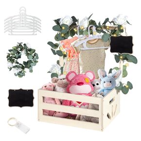 Wooden Baby Shower Crate Closet with Hanger Rack LED Light, Baby Shower Basket with Handle for Boys Girls Newborn Gift Storage, Baby Shower Welcome Box Crate Hamper Pregnancy Gift for New Parents