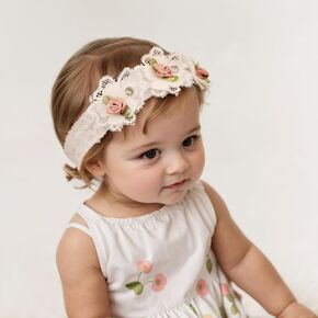 Baby Girl Lace Flower Headband Elastic Floral Head Wrap Newborn Toddler Ambroidery Hair Accessories (Ivory B, One size)
