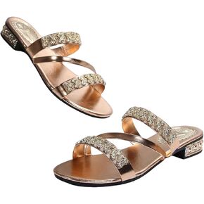GORGLITTER Women's Gold Rhinestone Sandals Strappy Flats Sparkly Slide Sandals