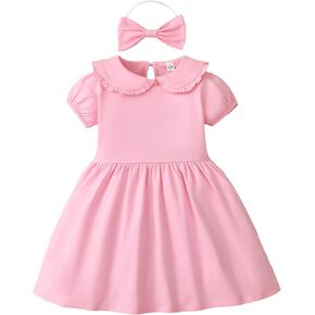 LYSMuch 18M-5T Toddler Girls Short Sleeve Dresses Peter Pan Collared Dress Solid Color Puff Playwear Outfit with Headband