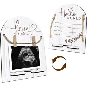 Hello World Baby Newborn Wooden Sign - Ultrasound Picture Frame With Stand - Double Sided Print Unfinished Baby Announcement Plaque - Hospital Nursery Baby Milestone Board & Pregnancy Gift(White)- A05