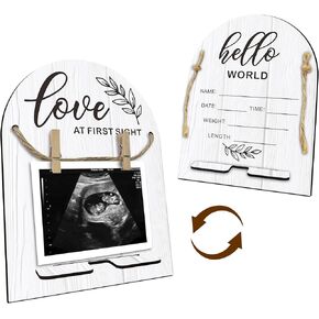 Hello World Baby Newborn Wooden Sign - Ultrasound Picture Frame With Stand - Double Sided Print Unfinished Baby Announcement Plaque - Hospital Nursery Baby Milestone Board & Pregnancy Gift(White)- A04