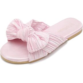LIURUIJIA Womens Slip on Pleated Satin Bow Flat Sandals Cozy Dressy Slippers Summer Slides Open Toe Mules