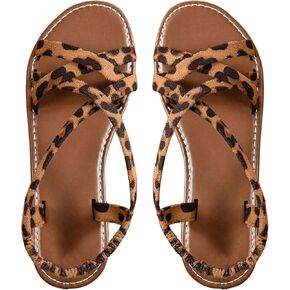 GORGLITTER Women's Leopard Strappy Flat Sandals Y2K Criss Cross Strap Open Toe Slingback Cheetah Slide Sandals