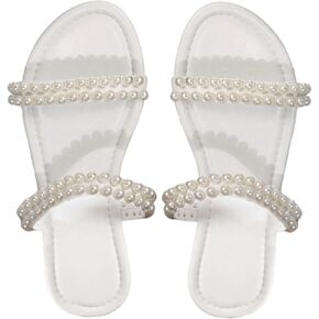 GORGLITTER Women's Pearl Beaded Flat Sandals Open Toe Beach Vacation Slide Sandals