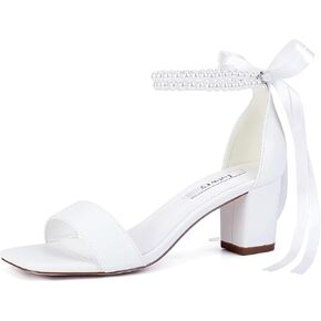 Block Heel Wedding Shoes for Bride Pearl Heels Wedding Sandals Square Open Toe Bridal Shoes