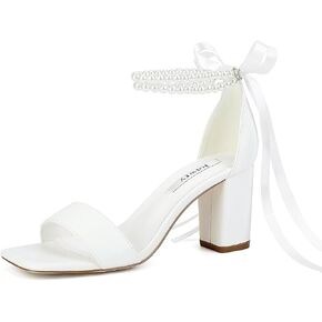 Block Heel Wedding Shoes for Bride Pearl Heels Wedding Sandals Square Open Toe Bridal Shoes in Kuwait