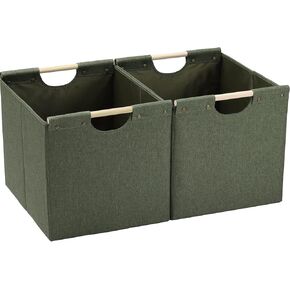 HOONEX Large Collapsible Storage Bins, Linen Fabric, Pack of 2, Storage Baskets with Wooden Carry Handles and Sturdy Heavy Cardboard, for Home, Office, Car, Nursery, Olive