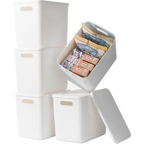 5 pack large plastic White storage bins with Lids, Toy Box Chest with Handle，Organizer Containers Baskets for Baby,Nursery，Shelves，Playroom, Bedroom，Office,Closet，home (White, 5L)