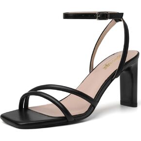 RIBONGZ Womens Strappy Heels Square Open Toe High Heels for Women Ankle Strap Chunky Heeled Sandals Wedding Bridal Shoes Comfort High Heel Sandals Dress Party Shoes