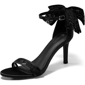 Coutgo Womens High Heels Sandals Lace Bow Tie Back Open Toe Ankle Strap Sexy Stiletto Wedding Party Dress Shoes