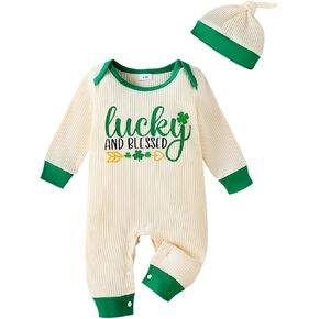 Bowanadacles St. Patricks Day Baby Boy Outfit Clothes Newborn Infant Clover Print Romper Long Sleeve Ripped Jumpsuit Hat