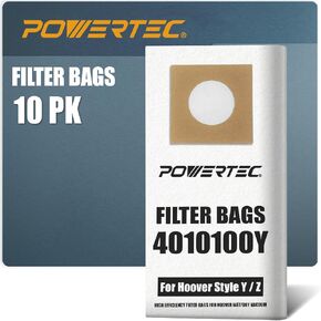 POWERTEC 4010100Y Filtration Bags for Hoover Type Y, Type Z 10PK, Replacement Vacuum Bags for Hoover Windtunnel Upright Cleaners, Shop Vacuum Bags, Filter Bags, Dust Bags (75057V)