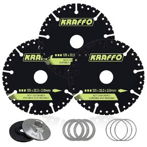 5 Inch Diamond Cutting Blade 7/8" Arbor with 2PCS M14 Lock Nut, 3PCS Cutting Disc, Metal, Rebar, Steel, Iron, Concrete, Brick - KRAFFO Angle Grinder Compatible