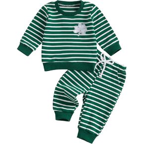 Karuedoo Infant Toddler Baby Boy Girl St Patricks Day Outfit Clover Embroidery Stripe Long Sleeve Sweatshirt and Pants Set