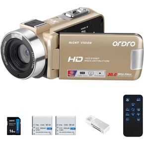 ORDRO B320 1080P 30FPS Video Camera Recorder, Full HD 30MP 18X Digital Zoom Camcorder, YouTube Vlogging Camera Infrared Night Vision, 3.0 Inch Flip Screen, 2 Batteries, Remote Control (Gold)