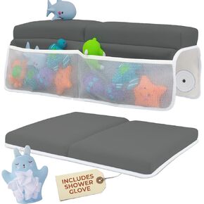 Comfortable Baby Bath Kneeler and Elbow Rest Pad Set with Blue Cloth Glove - Thick, Non-Slip, Memory Foam Kneeling Pad for Bathing Baby with Toy Storage Pockets - Easy Clean and Durable - Dark Grey