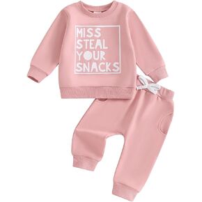Qiylii Miss Steal Your Snacks Baby Girls Winter Clothes Long Sleeve Sweater Tops Sweatpants 2PC Toddler Casual Outfits
