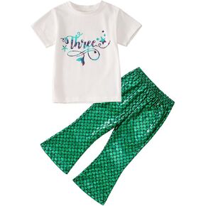 Toddler Baby Girl 2nd/3rd/4th Birthday Mermaid Summer Outfit Short Sleeve T-Shirt Top Mermaid Skinny Flared Pants