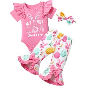 Baby Girl Easter Outfit My First Easter Ruffle Sleeve Romper+Easter Eggs Bunny Bell Bottoms with Bow Headband 3Pcs