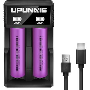 2 Pack Rechargeable 18650 Battery Lithium with Charger 3.7V 2500mAh Flat Top, Batteries for Headlamps, Flashlight, Camera, Small Fan, Outdoor Garden Lights