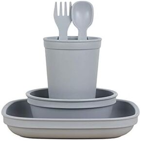 Re-Play Made in USA Toddler Dinnerware Set - 10 oz. Open Cup, 7" Flat Plate, 12 Oz. Bowl, Rounded Tip Fork and Deep Scoop Spoon - Dishwasher/Microwave Safe Plastic Dinnerware Set - Grey