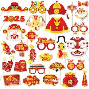 30pcs Happy Chinese New Year Photo Booth Props,Funny 2025 Year of The Snake Party Selfie Props,Lunar Red Spring Festival Chinese New Year Party Favor Supplies Decorations