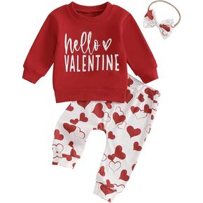 Toddler Baby Girl Valentines Day Outfit Hello Valentine Crewneck Sweatshirt Heart Print Pants Headband Clothes Set